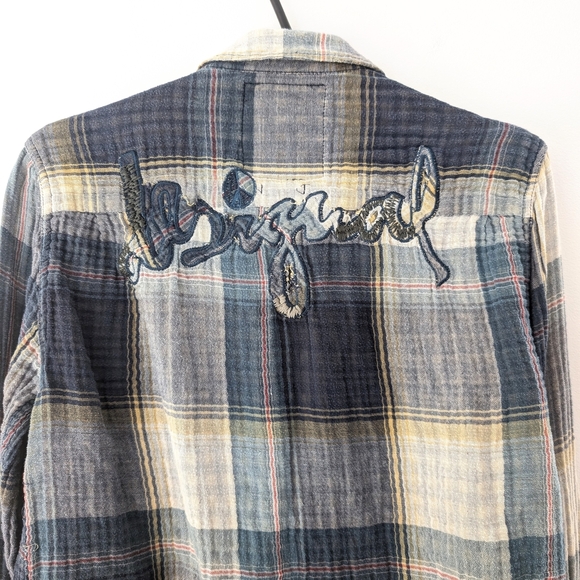 Desigual Men's Multicolor Plaid Button-Down Patchwork Accents Muslin Shirt ~ S/M - Picture 5 of 7